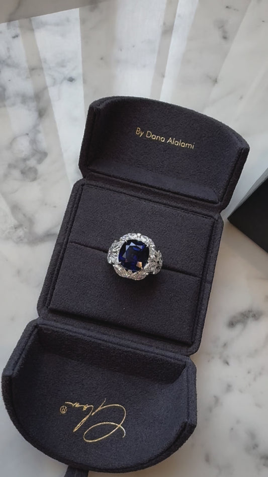 Majestic 13 Carat Blue Sapphire Ring Surrounded by Lab-Grown Diamonds