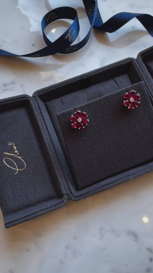 Flower-Shaped Earrings: Dazzling Ruby Stones with Central Diamond